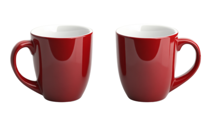Two red mugs with white interior on transparent background
