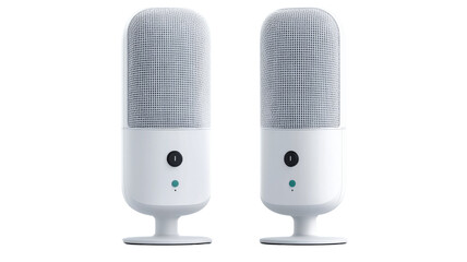 Two white usb condenser microphones isolated on transparent background