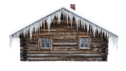 Wooden cabin covered in snow and icicles with transparent background