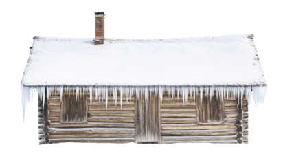 Old wooden cabin covered with snow and icicles on transparent background