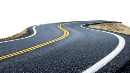 Winding paved road leading into the distance with transparent background