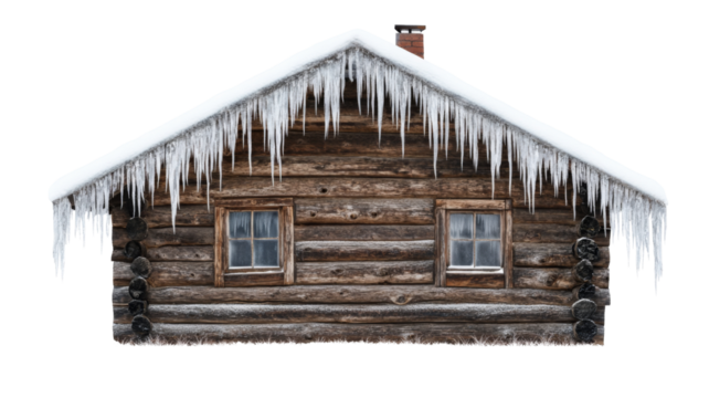 Wooden cabin covered in snow and icicles with transparent background