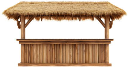 Wooden beach bar counter with thatched roof on transparent background
