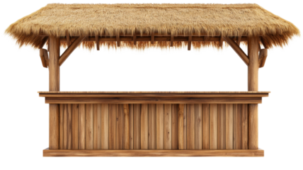 Wooden beach bar counter with thatched roof on transparent background