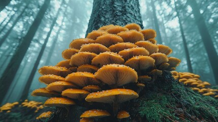 Cluster of vibrant yellow mushrooms at the base of a tree in a misty forest