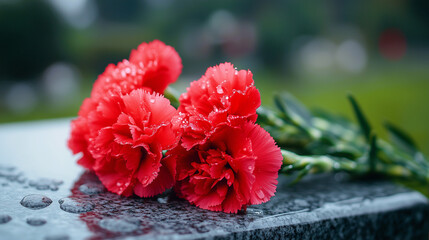 Fresh Red Carnations with Raindrops on a Wet Stone Surface, Representing Tribute and Solemn Reflection.