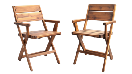 Two empty folding wooden chairs on transparent background