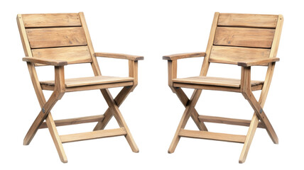 Two empty folding wooden chairs isolated on transparent background