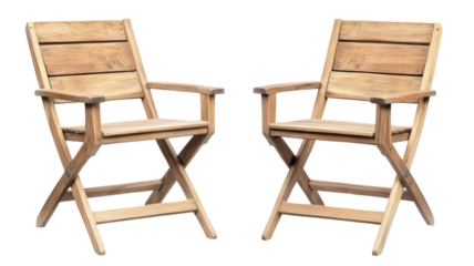 Two empty folding wooden chairs isolated on transparent background
