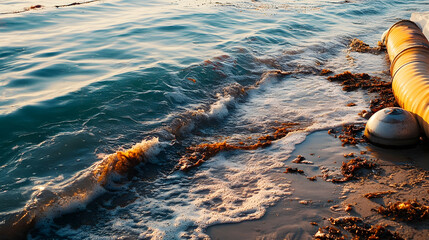 Waves and seaweed on sandy shore with ocean pipe at sunset