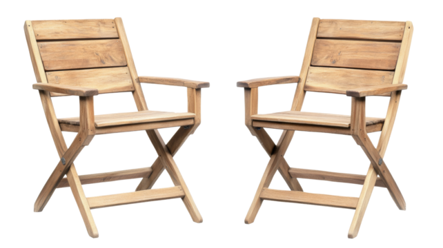 Two empty folding wooden chairs isolated on transparent background