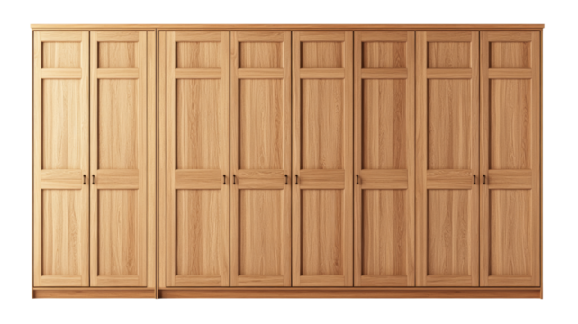 Large wooden wardrobe with eight doors isolated on transparent background
