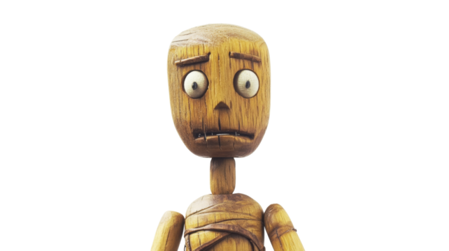 Wooden puppet showing worrying expression on transparent background