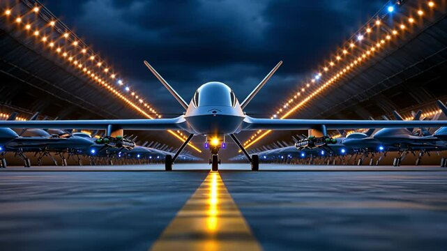 Military drones lined up at an airfield during twilight showcasing advanced technology and readiness for operations