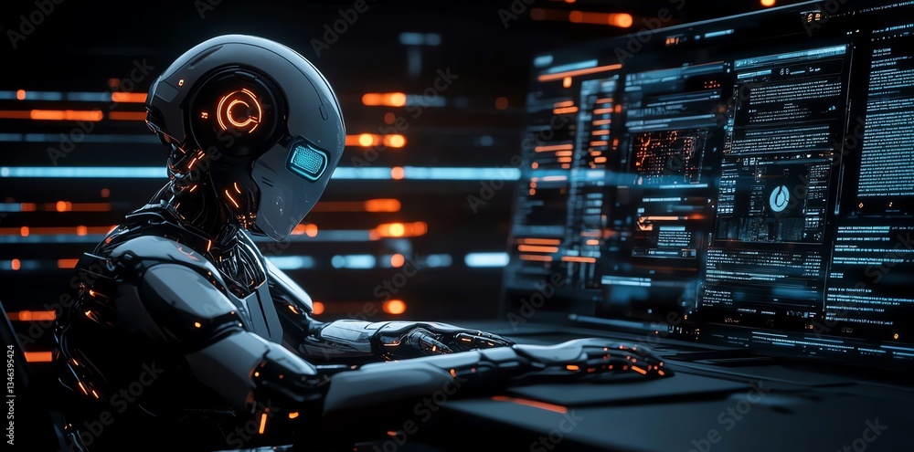 Poster cybernetic robot coding: neon-lit digital workspace
