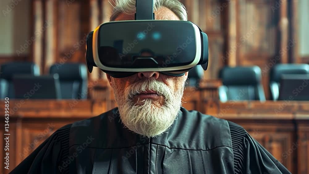 Poster judge using virtual reality technology in a futuristic courtroom setting during a trial