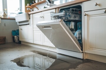 Water leaking from kitchen dishwasher onto floor creating a messy situation in the home