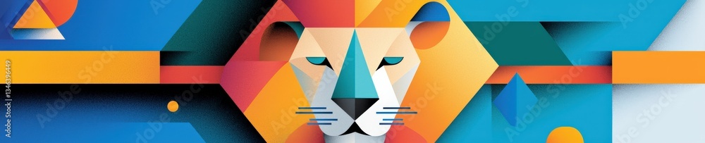 Poster a cubist interpretation of a lion face in a geometric abstract style.