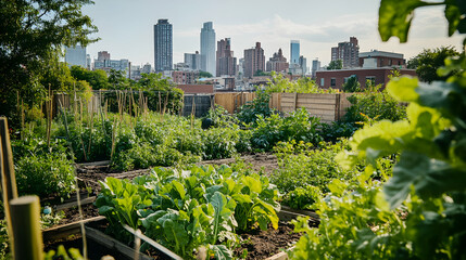 Obraz premium Urban community garden with vegetables and city skyline in background