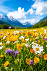 Fototapeta premium Colorful wildflowers blossom abundantly in a sunny mountain meadow, framed by stunning mountains and blue skies, illustrating the beauty of nature in summer