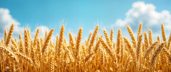 Wheat ears or spikelets. Yellow field,  blue sky background. Horizontal layout for bread products