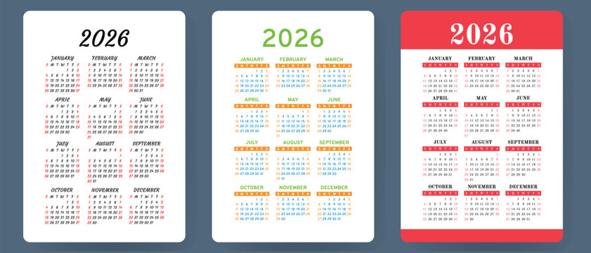 Calendar 2026. Colorful vector set. Pocket calender collection. Week starts on Sunday. Basic grid template for print