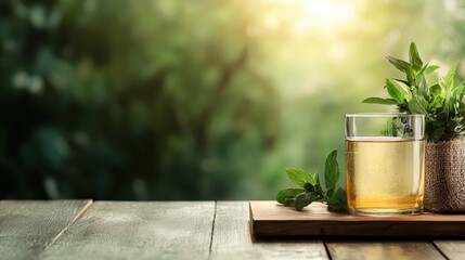A refreshing glass of herbal drink set against a lush greenery backdrop, inviting viewers to enjoy the freshness and natural essence of the drink that promotes well-being.