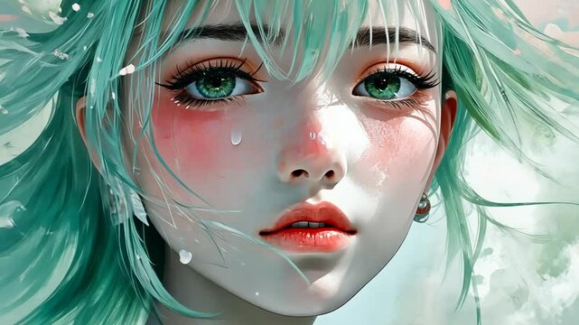 A digital painting of a melancholic anime girl with mint green hair, tears streaming down her face, soft blush on her cheeks, and a gentle expression.