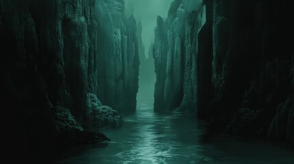 A river flows between tall rock formations in a misty scene
