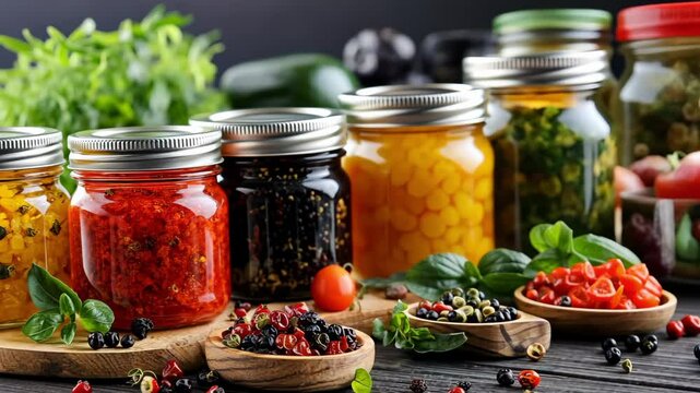 Homemade preserves display featuring vibrant jars of pickled vegetables and herbs in a rustic kitchen setting