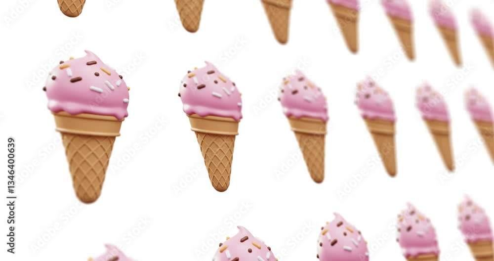 Poster continuous pattern design of ice cream cone design in motion, 3d rendering on white background