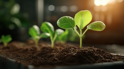 Vibrant seedlings reaching for sunlight indicate growth potential and renewal, embodying life and resilience in a nurturing soil environment filled with warmth.