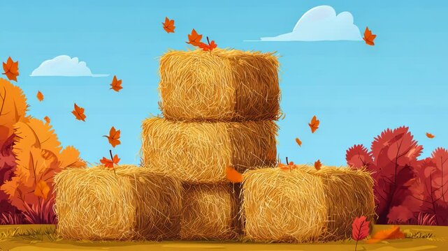 Hay bales stacked in a vibrant autumn landscape.