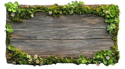 Wooden sign with moss, plants and flowers bordering on transparent background