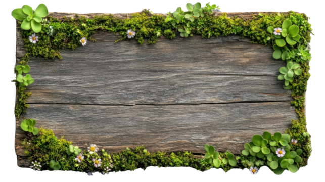 Wooden sign with moss, plants and flowers bordering on transparent background