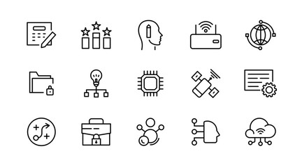 Innovation and idea line icon set. Strategic, creative, business, solutions, thinking, technologies, startup, idea, knowledge, and development outline icon collection. UI thin outline icon pack