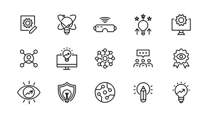 Innovation and idea line icon set. Strategic, creative, business, solutions, thinking, technologies, startup, idea, knowledge, and development outline icon collection. UI thin outline icon pack