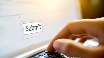 Fingertip pressing submit button on a web form on a modern laptop, symbolizing digital submission or online interaction.