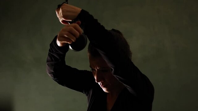 Close up of flamenco dancer with castanets on stage. Handheld