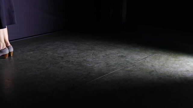 Dramatic scene of woman in black dress dancing flamenco on stage. Handheld