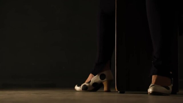 Low POV of flamenco dancer sitting on cajon and tapping her hand on it. Static