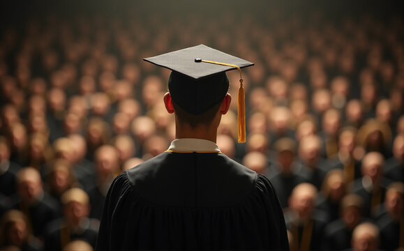 Rear view of young man wearing dark graduation robe with gold tassel at graduation ceremony