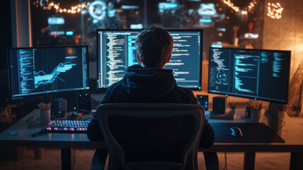 A focused male coder in a home office with multiple screens, a dark theme, a keyboard, and a clean desk, wearing a black hoodie