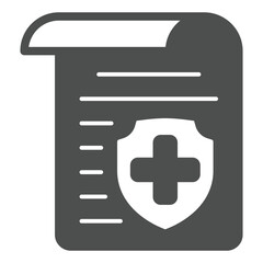 Obraz premium Document with shield and medical cross solid icon, human rescue concept. Vector graphics. Sheet of paper with emblem sign on white background, glyph style icon for mobile or web design.