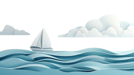 White sailboat sailing on a cartoon sea with transparent background