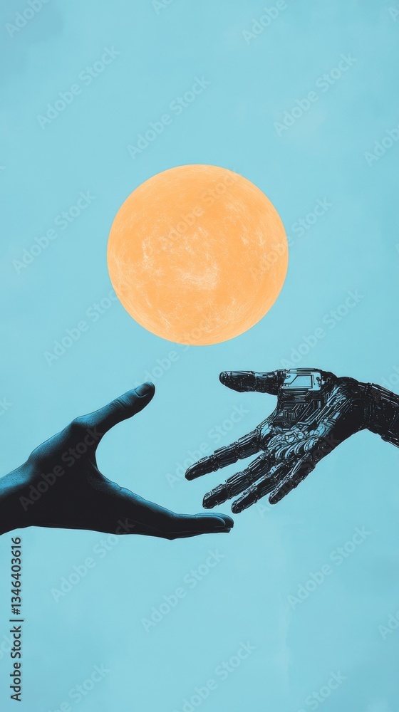 Poster a conceptual art piece featuring a human and robotic hand extending towards a glowing sun on a vibra