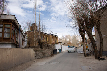 View and landscape and cityscape with buildings inside of Leh Ladakh village at Himalayan valley while winter season in Jammu and Kashmir, India