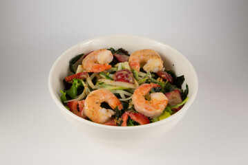 Shrimp and Strawberry Salad with Japanese Dressing in White Bowl