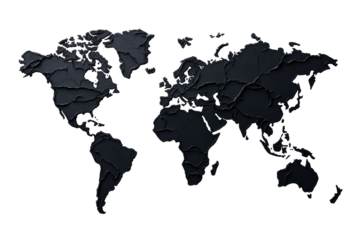 Detailed black world map with transparent background for design use