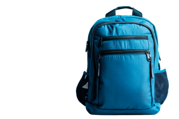 Blue backpack with multiple compartments on transparent background